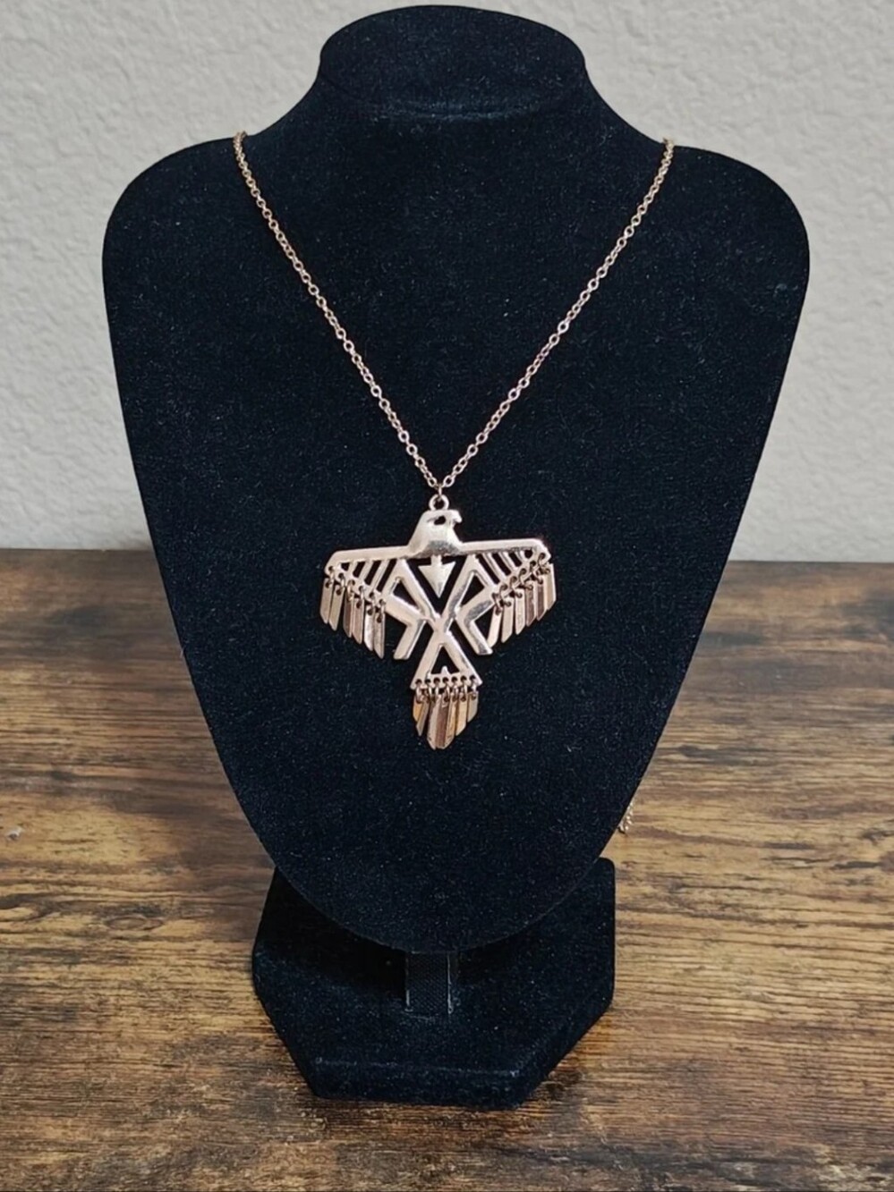 1980s Native American Inspired Geometric Thunderbird Gold Tone Pendant Necklace.